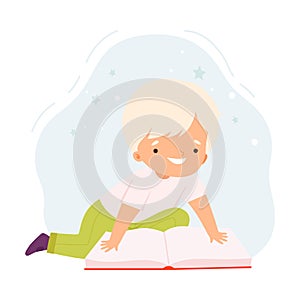 Adorable Boy Reading Book, Smiling Preschool Kid Sitting on Floor with Book, Education and Imagination Concept Cartoon