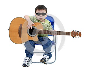 Adorable Boy With Sunglasses And Acoustic Guitar Over White