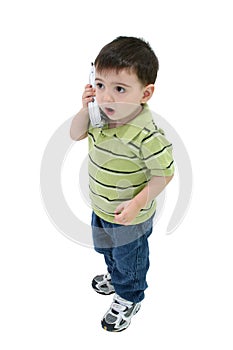 Adorable Boy Talking On House Phone Over White