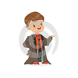 Adorable boy wearing dult oversized suit, kid pretending to be adult vector Illustration