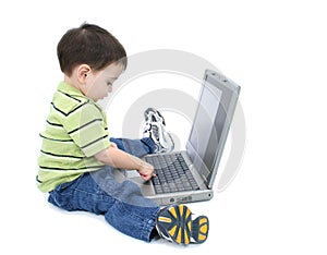 Adorable Boy With Working On Laptop Over White