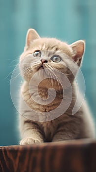 Adorable British Shorthair Cat with Blue Eyes in Dark Beige and Sky-Blue Hurufiyya Style .