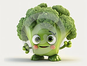 Adorable Broccoli Cartoon Character on White Background for Children\'s Book Illustrations.