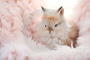 Adorable brown baby rabbit sitting in pink fur