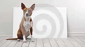 Adorable brown and white basenji dog holding a large blank white sign in a studio with white walls