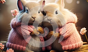 Adorable bunnies embracing in knitted sweaters, a symbol of companionship and comfort, with hearts floating around to celebrate