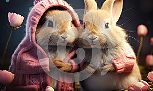 Adorable bunnies embracing in knitted sweaters, a symbol of companionship and comfort, with hearts floating around to celebrate