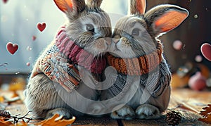 Adorable bunnies embracing in knitted sweaters, a symbol of companionship and comfort, with hearts floating around to celebrate