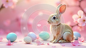 Adorable bunny amidst pastel easter eggs and delicate spring blossoms. Generative AI