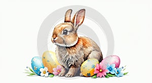 Adorable Bunny and Colorful Easter Eggs with Spring Flowers - A Delightful Springtime Scene