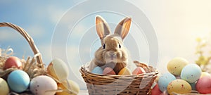 Adorable Bunny with Colorful Easter Eggs in a Wicker Basket