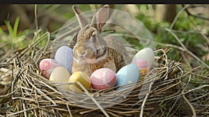 Adorable Bunny Curled Up with Easter Eggs
