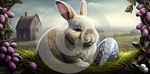 Adorable Bunny With Easter Eggs In Flowery Meadow. Ai generative