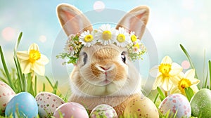 Adorable Bunny with Floral Crown Among Colorful Easter Eggs and Spring Blossoms