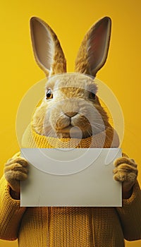 Adorable Bunny Holding Blank Sign in Yellow Sweater, Creative Animal Photography Concept with Vibrant Yellow Background photo