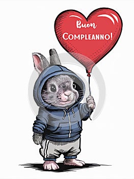 Adorable Bunny in Hoodie Holding a Red Heart Balloon with Buon Compleanno Message, Happy Birthday in Italian photo