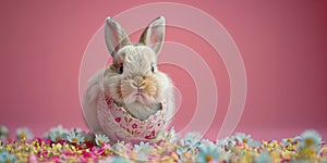 Adorable bunny inside an easter egg on floral bed