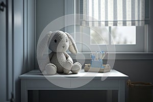 Adorable Bunny Plush Toy on Baby Room Perspective Table. Generative AI