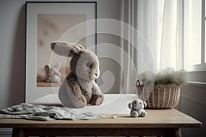 Adorable Bunny Plush Toy on Baby Room Perspective Table. Generative AI