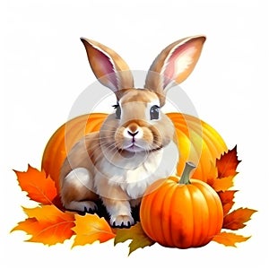 Adorable bunny sitting among pumpkins