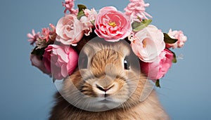 Adorable bunny surrounded by flowers on solid backgroundStudio shot with space for text.