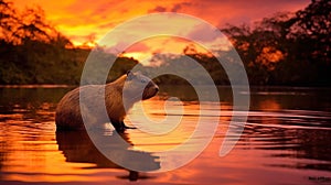 Adorable capybara relaxing in a tranquil body of water at sunset, AI-generated.