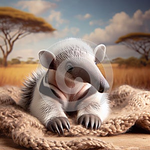 Adorable Cartoon Anteater Resting in a Serene Savanna Landscape