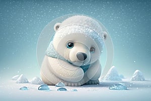 Adorable cartoon baby polar bear in snowy winter scenery, Generative Ai