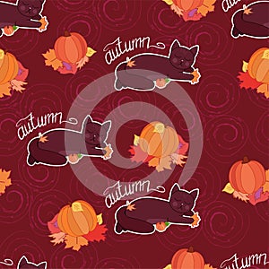 Adorable cartoon cat lay in fall leaves with pumpkin on dark curls background seamless pattern, halloween wrapping paper