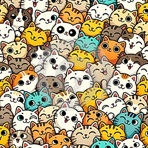 adorable cartoon cats perched side by side in a symmetrical pattern.