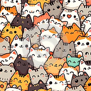 adorable cartoon cats perched side by side in a symmetrical pattern.