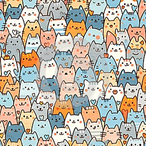 adorable cartoon cats perched side by side in a symmetrical pattern.