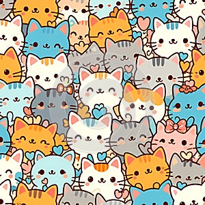 adorable cartoon cats perched side by side in a symmetrical pattern.