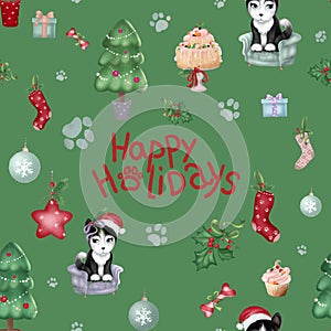Adorable cartoon Christmas seamless pattern. Cute Siberian husky puppy, Christmas tree, stickers collection