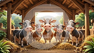 Group of cartoon cows standing in a cozy wooden barn photo