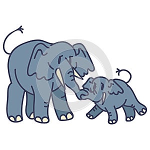 Adorable Cartoon Elephant Mother And Calf Vector Clip Art. Savannah Animal with Trunk Icon. Hand Drawn Kawaii Kid Motif