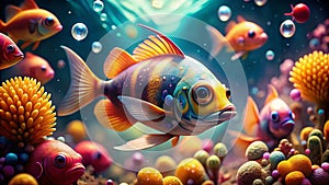 Adorable Cartoon Fish in a Vibrant Underwater World A Captivating DepthofField Scene for Kids and Fans of Ocean photo