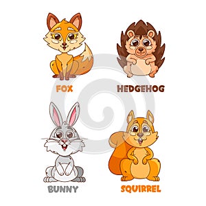 Adorable Cartoon Forest Animal Characters. Fuzzy Bunny, Smart Fox, Cute Hedgehog And Curious Squirrel With Smiling Faces