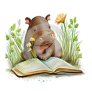 Adorable cartoon illustration of a baby Hippo on a white background, perfect for a nursery or children room