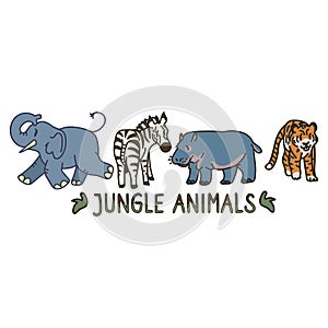 Adorable Cartoon Jungle Animal Clip Art. Safari Tiger Icon. Hand Drawn kawaii Zebra and Vector Hippo Motif Illustration Doodle In