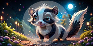 Adorable Cartoon Night Skunk Funny Nocturnal Animal Illustration in a Dark Night Scene photo