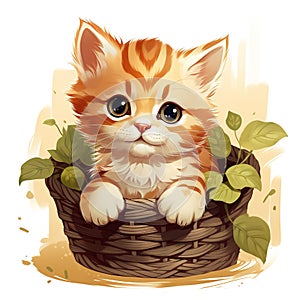 adorable cartoon orange kitten sitting in a wicker basket with green leaves on a white background