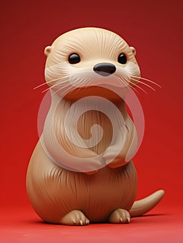 Adorable Cartoon Otter Figurine on Red Background Cute, Detailed, and Realistic Otter Toy Model for Collectors, Decorations, and photo