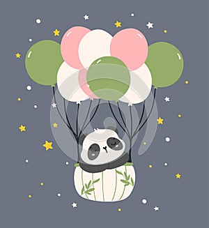 Adorable Cartoon Panda floating in air balloon, nursery baby shower kid illustration