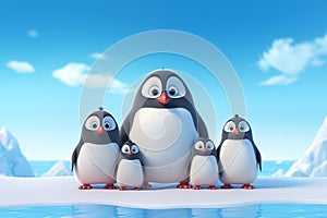 Adorable cartoon penguins huddle together on frosty Antarctic ice, celebrating the holidays with love and cheer