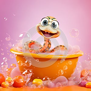 Adorable Cartoon Snake In Orange Bathtub With Soap And Candy