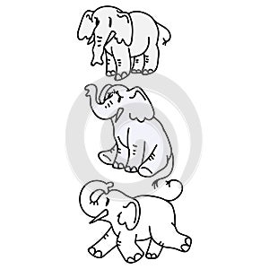 Adorable Cartoon Standing Elephant Vector Lineart Clip Art. Savannah Animal with Trunk Icon. Hand Drawn Kawaii Kid Motif