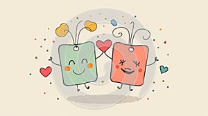 Cute hand-drawn characters with colorful hearts