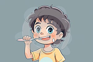 An adorable cartoon of a young boy with curly dark hair, earnestly brushing his teeth with a pink toothbrush, set