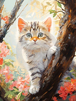 Adorable Cat Amidst the Forest Watercolor Illustration